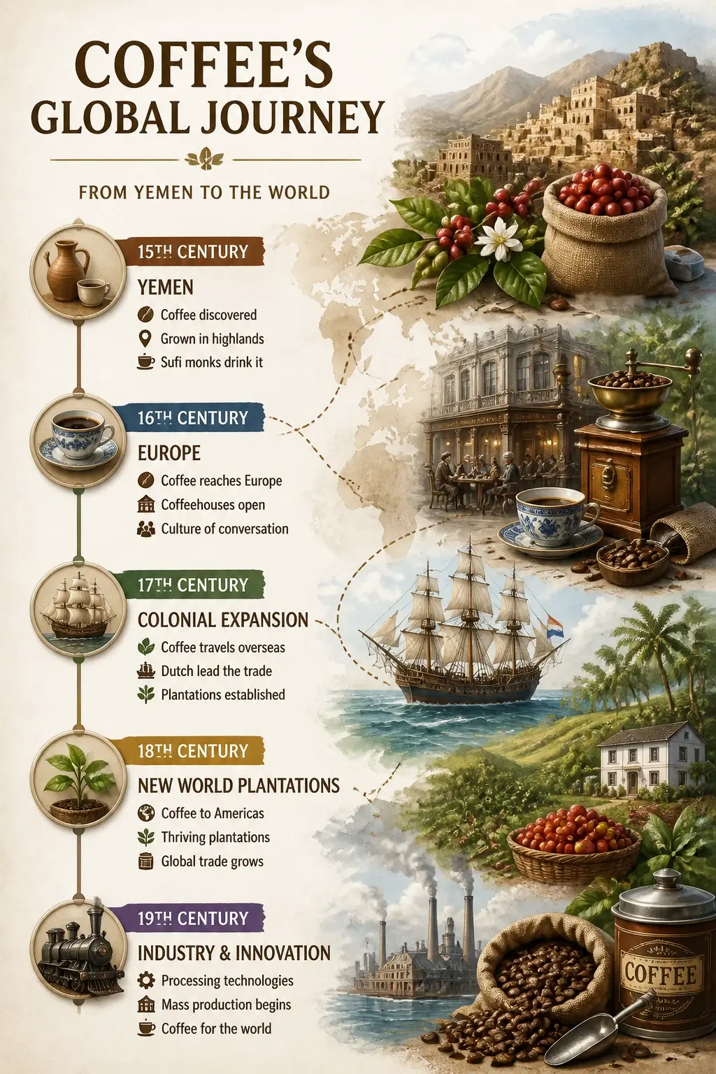 The Coffee Belt Explained: Where Coffee Grows, Who Grows It, and Why That Map Is Changing 6 Timeline infographic showing coffee's global spread from 15th century Yemen to European colonial expansion in the 18th and 19th centuries with key milestones and coffeehouse culture