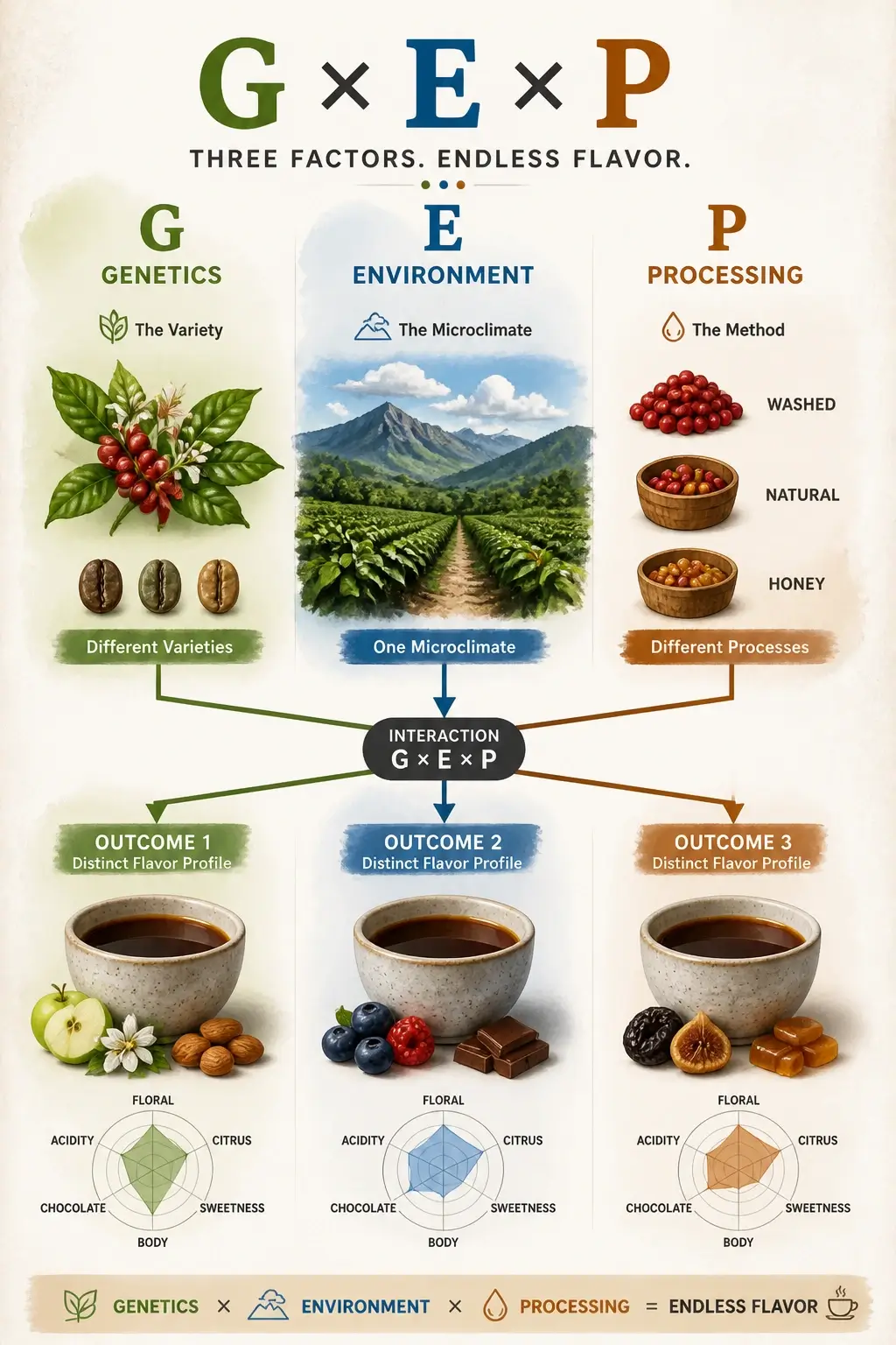 Infographic showing Genetics Environment Processing interaction for coffee flavor with post-harvest microbial rewrite
