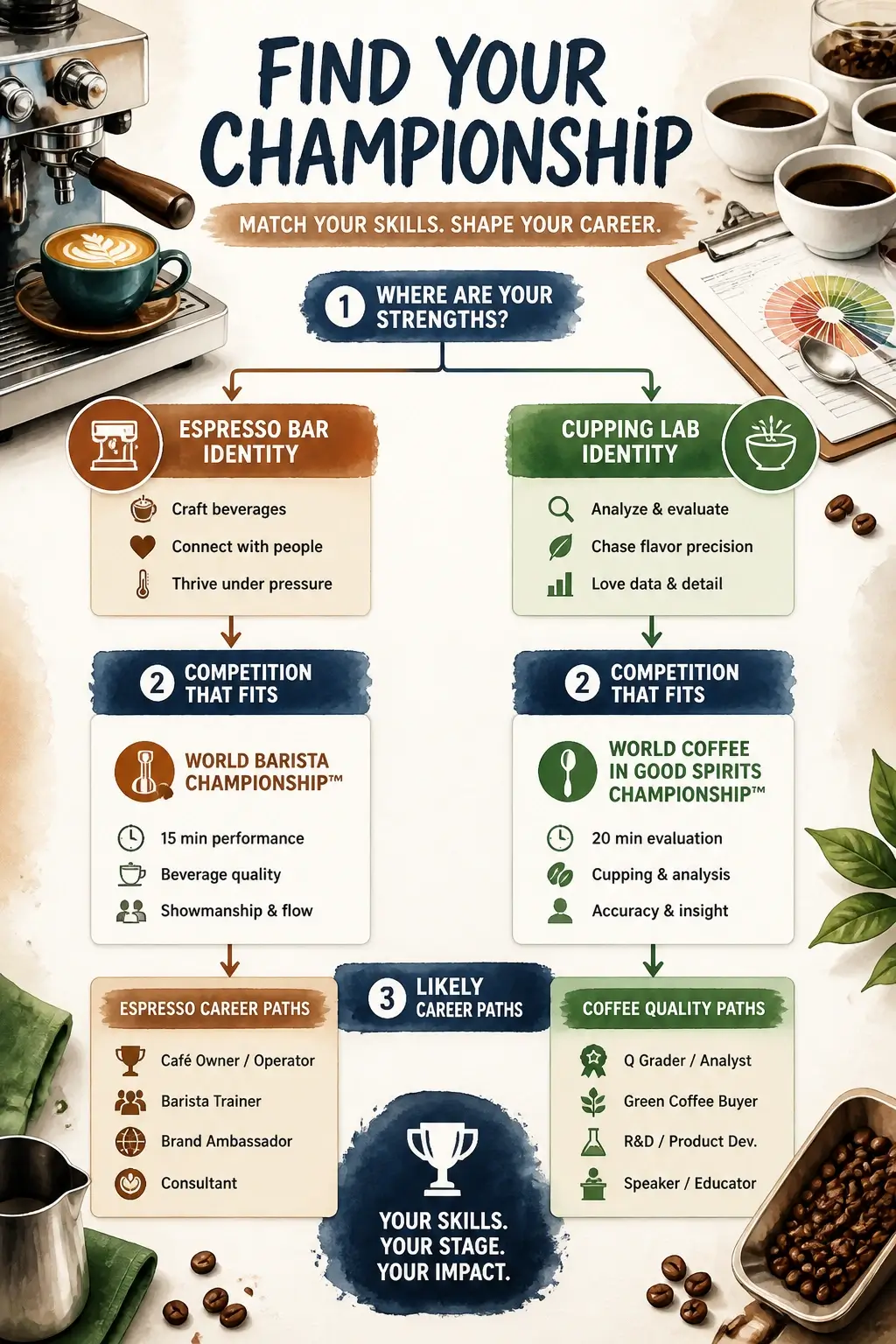 World Barista Championship vs World Brewers Cup: Two Titles, Two Completely Different Careers 6 Infographic decision flowchart mapping professional coffee skills and career ambitions to the appropriate championship, comparing espresso bar vs cupping lab coffee identity, competition demands, and likely career outcomes