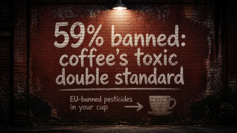Chalk headline on brick wall reading '59% banned: coffee's toxic double standard' highlighting pesticide double standards in coffee trade
