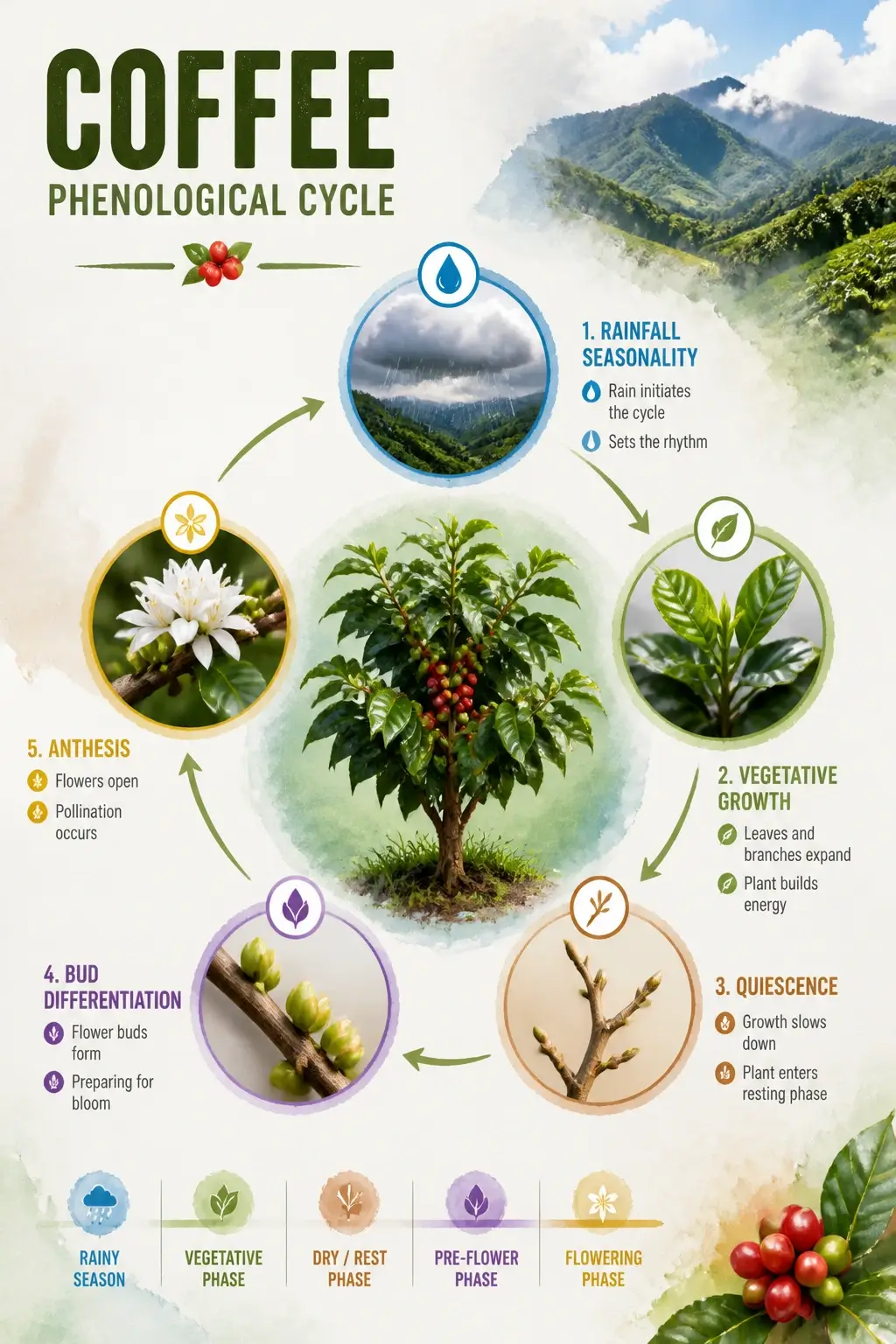 Infographic showing coffee phenological cycle with rainfall seasonality, vegetative growth, quiescence, bud differentiation and anthesis in 3D watercolor style