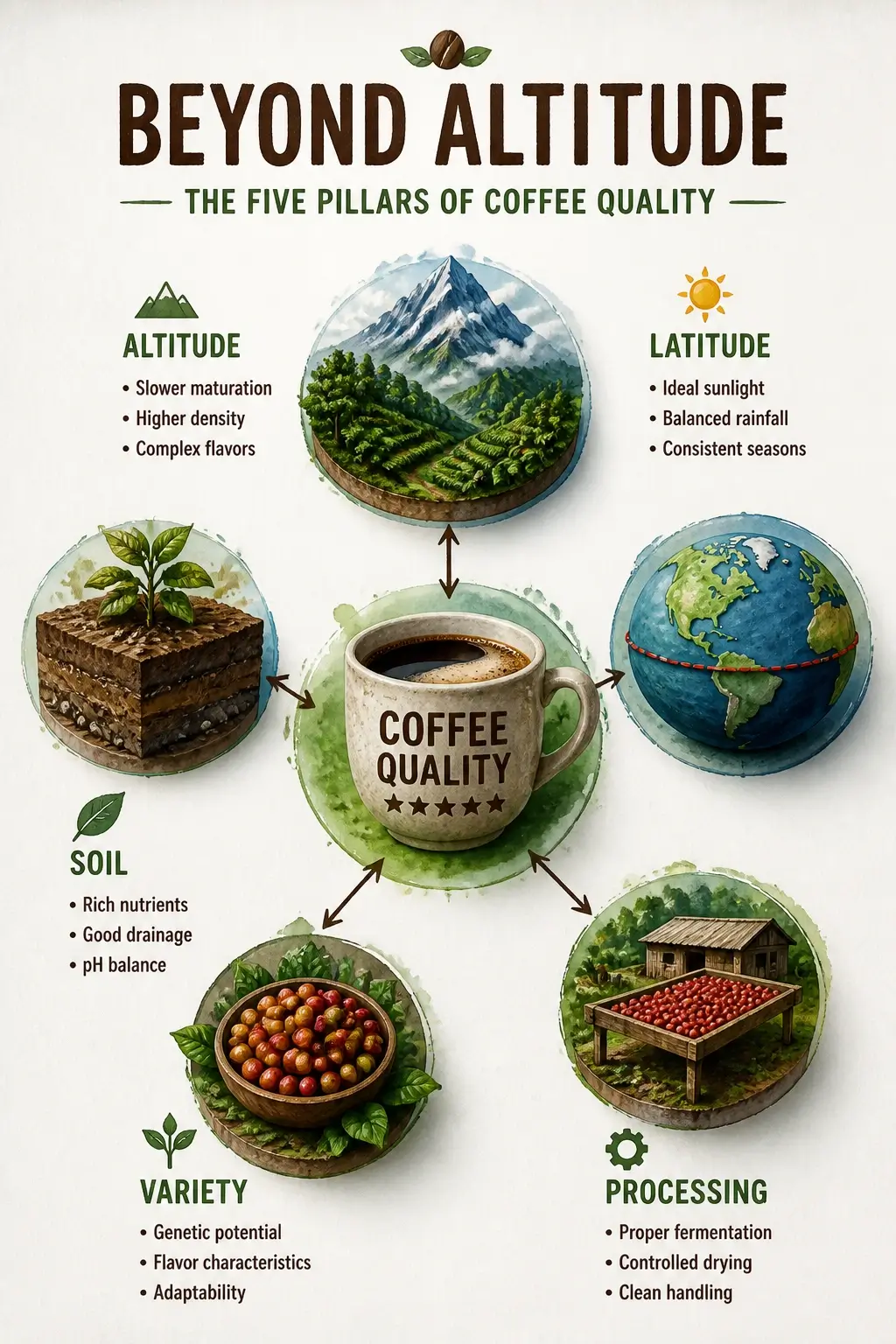 Infographic showing how altitude, latitude, soil, processing, and variety interact to determine coffee quality, with a central node diagram