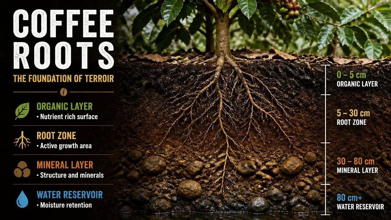 Documentary photograph of coffee plant roots embedded in layered soil cross section from a working specialty coffee farm illustrating terroir
