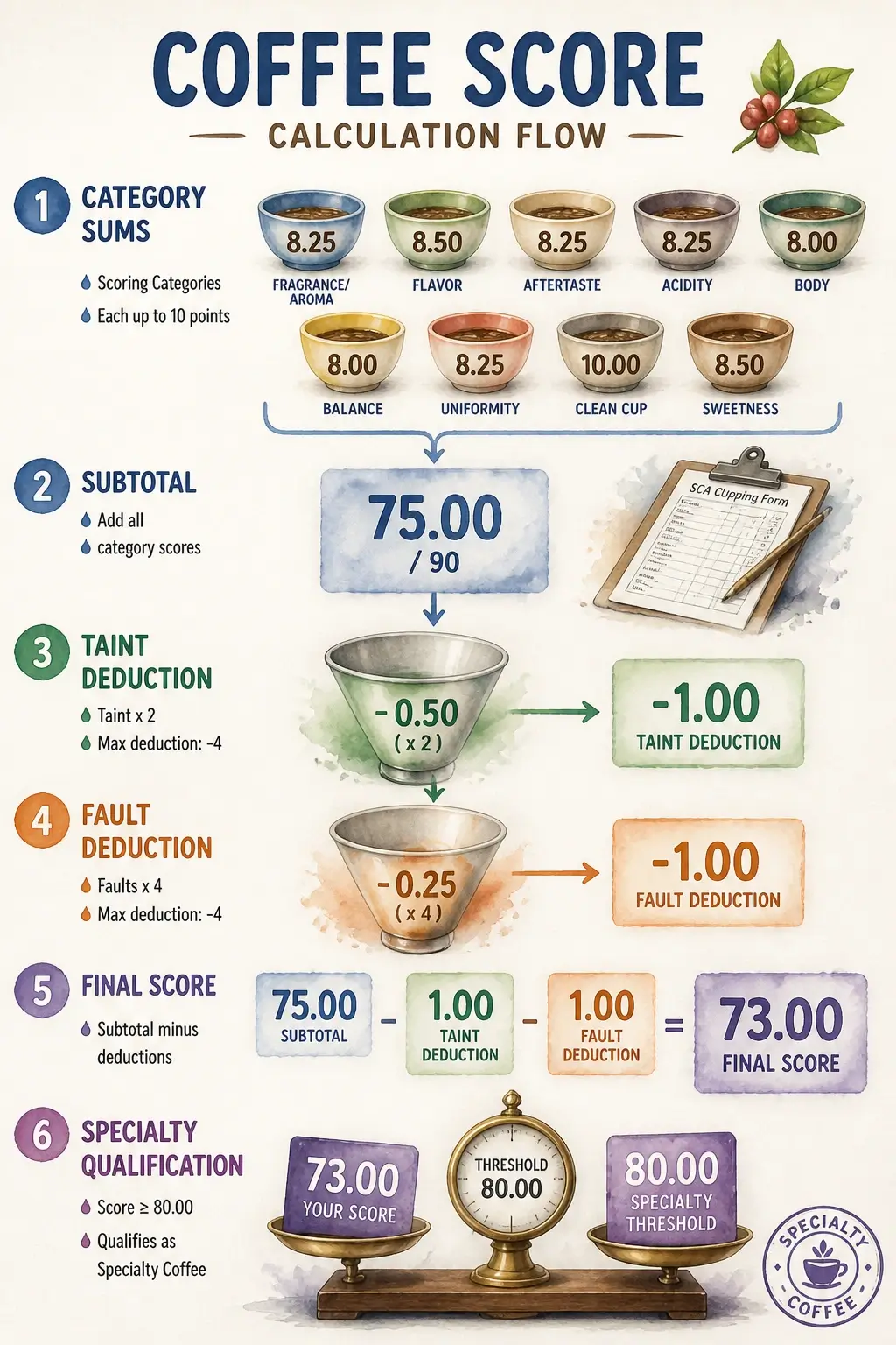 Infographic illustrating coffee scoring calculation from category sums through taint and fault deductions to final specialty coffee qualification