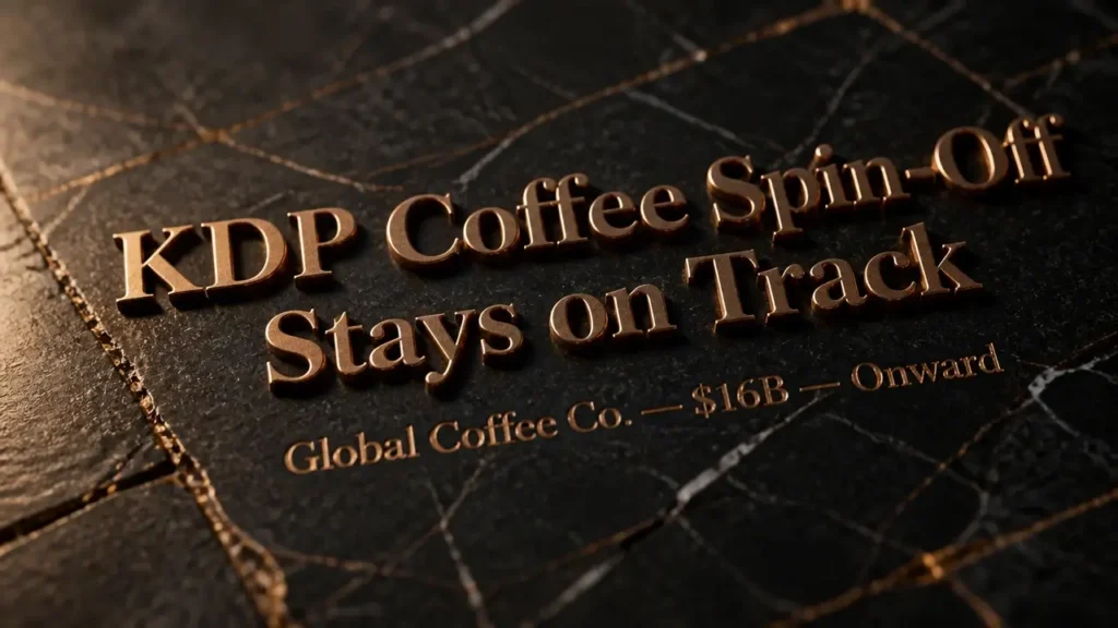 KDP coffee spin-off stays on track after CEO exit 1 Bronze embossed headline 'KDP Coffee Spin-Off Stays on Track' on dark marble with gold veining