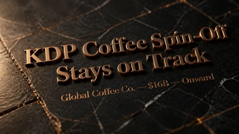 KDP coffee spin-off stays on track after CEO exit 2 Bronze embossed headline 'KDP Coffee Spin-Off Stays on Track' on dark marble with gold veining