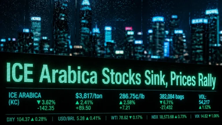 Digital ticker panel displaying coffee futures prices and inventory data against a blurry nighttime city skyline, illustrating tightening coffee supply.