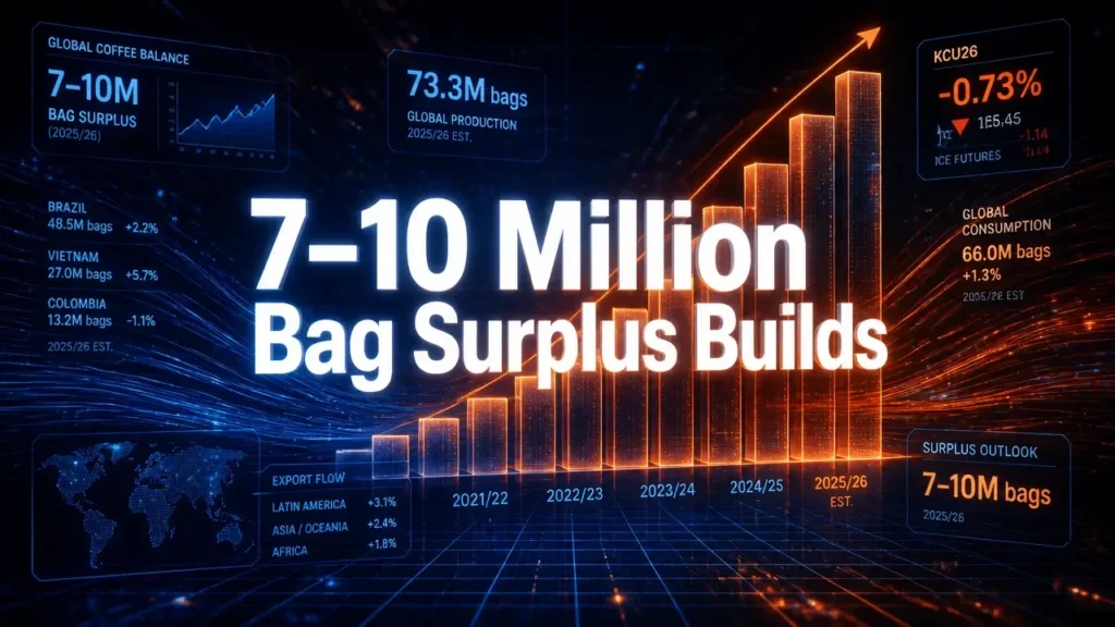Abstract data visualization with glowing grid and headline '7–10 Million Bag Surplus Builds' over floating numbers, representing global coffee surplus forecasts.