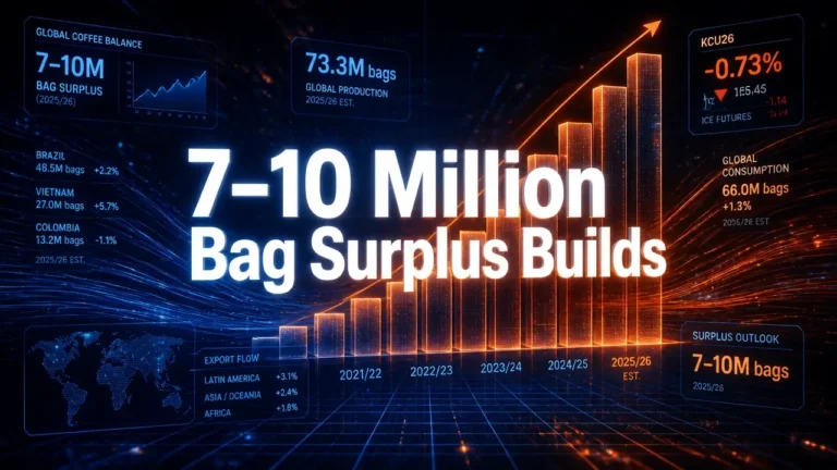 Abstract data visualization with glowing grid and headline '7–10 Million Bag Surplus Builds' over floating numbers, representing global coffee surplus forecasts.