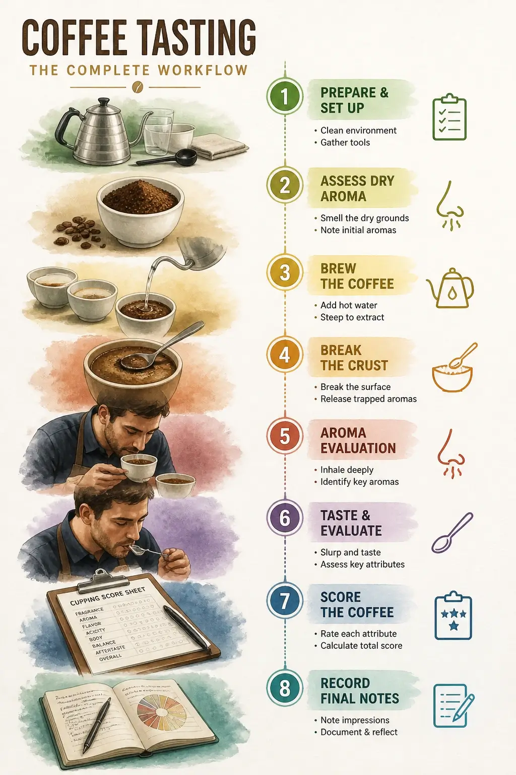 Infographic showing prerequisites for coffee tasting including sensory toolkit with step diagram and bullet points in hyper-realistic 3D watercolor style