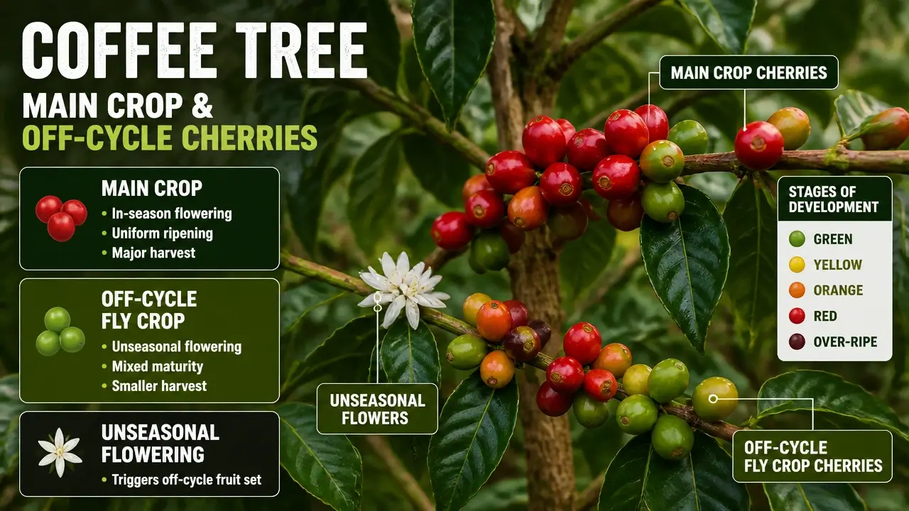 Documentary photo of coffee tree with main crop and off-cycle fly crop cherries at different growth stages showing unseasonal flowering