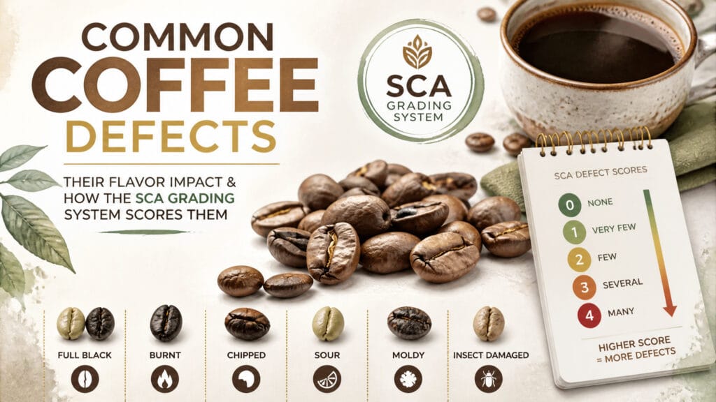 Common Coffee Defects, Their Flavor Impact, and How the SCA Grading System Scores Them 9 An infographic explaining common coffee defects—such as full black, burnt, chipped, sour, moldy, and insect damaged—and how the SCA grading system scores their flavor impact.