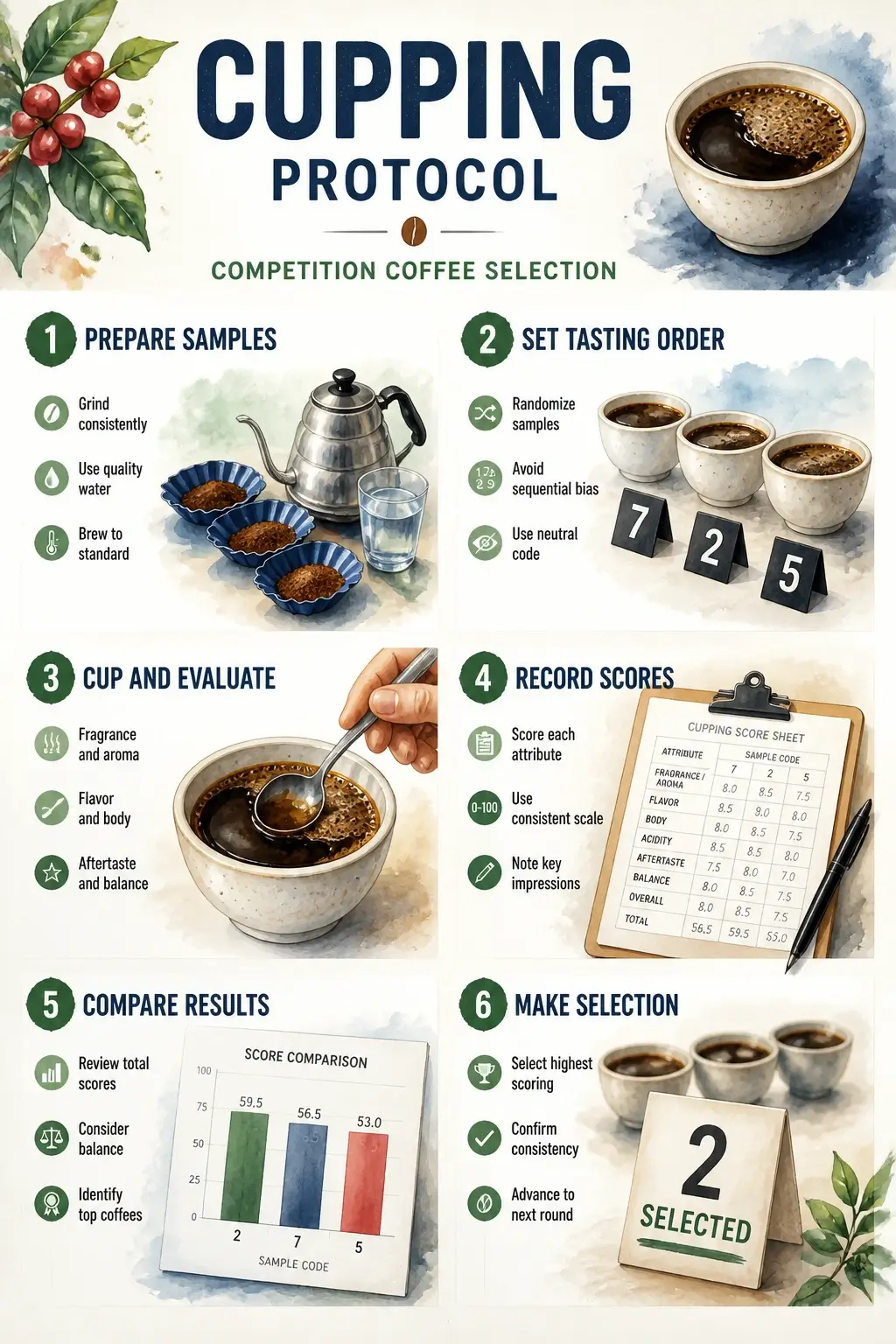 How to Prepare for a Barista Competition: The Complete Competitor's Playbook 5 Infographic illustrating step-by-step cupping protocol for competition coffee selection from sample preparation tasting order score comparison to final selection in a modern watercolor style