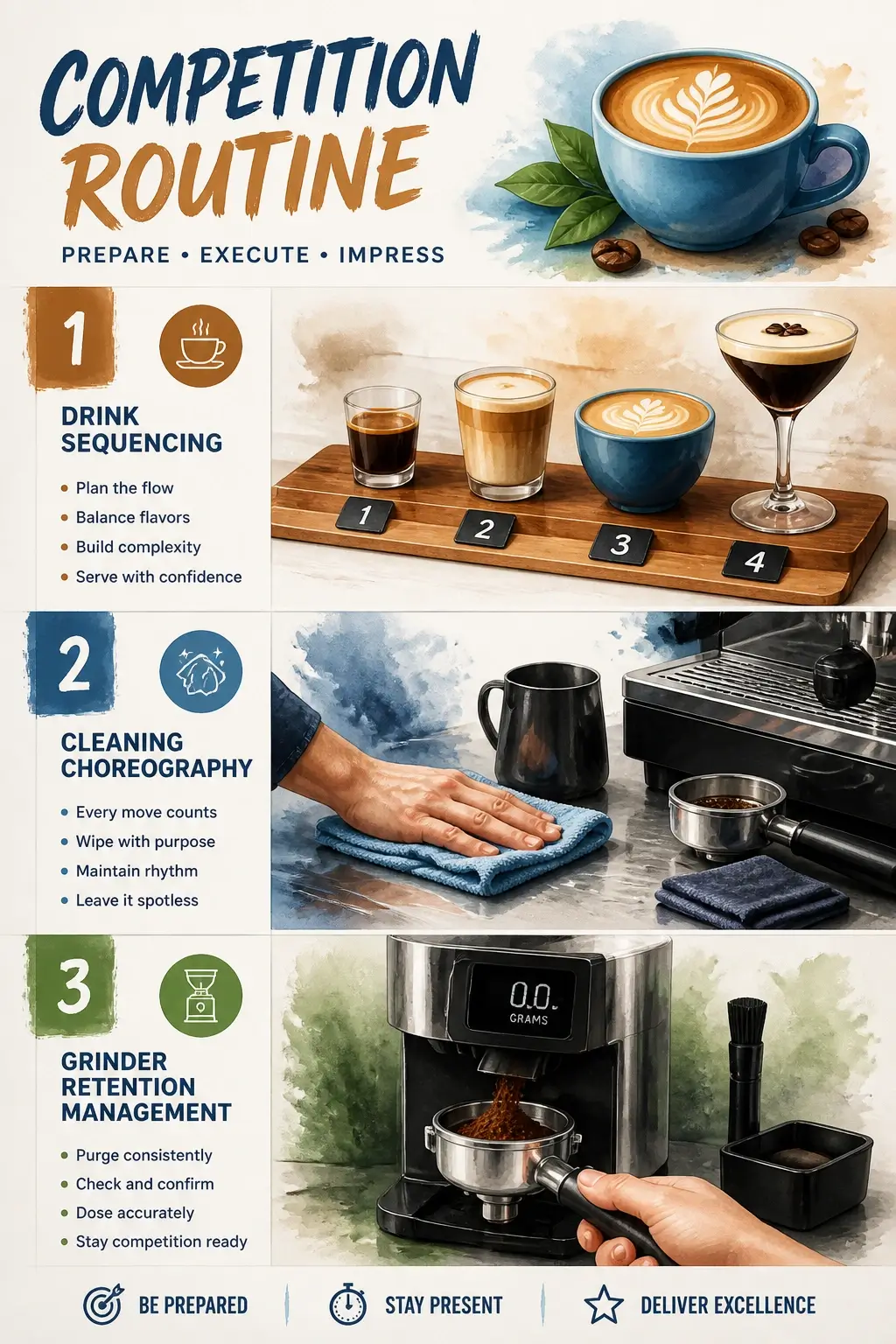 How to Build a Winning Signature Drink for Coffee Competitions 6 Infographic showing step-by-step workflow for competition routine including drink sequencing, cleaning choreography, and grinder retention management with hyper-realistic 3D watercolor style