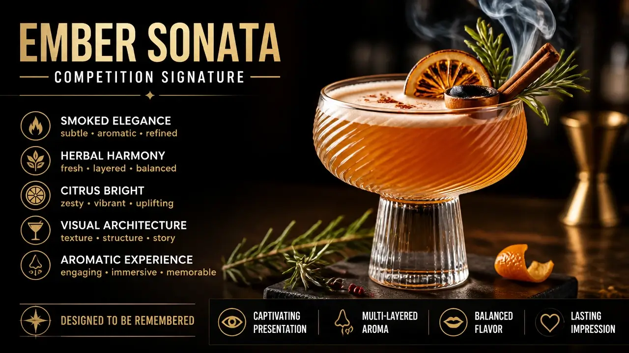How to Build a Winning Signature Drink for Coffee Competitions 5 Finished competition signature drink in an elegant glass with aromatic garnish, illustrating visual architecture and coherence of the sensory delivery system.