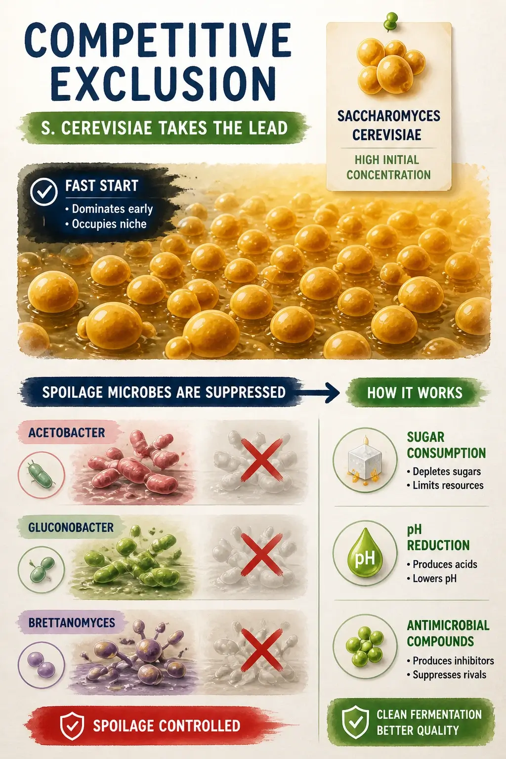 Infographic illustrating competitive exclusion mechanism where Saccharomyces cerevisiae suppresses spoilage microbes via sugar consumption pH reduction and antimicrobial compounds