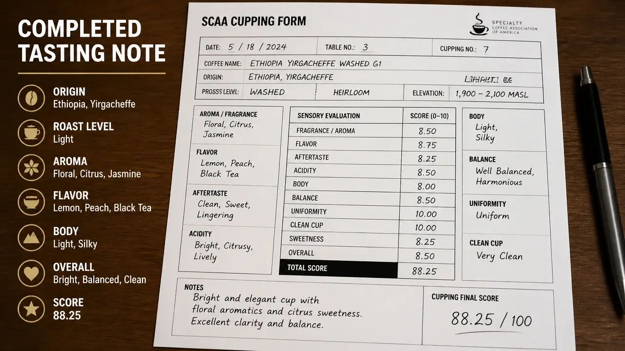 Completed SCAA cupping form with professional tasting notes for coffee evaluation