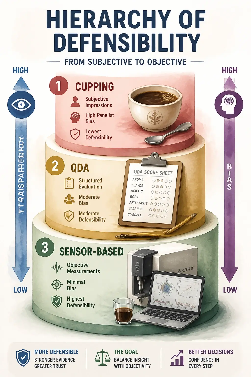 Infographic showing hierarchy of defensibility across cupping QDA and sensor based methods with transparency bias trade offs