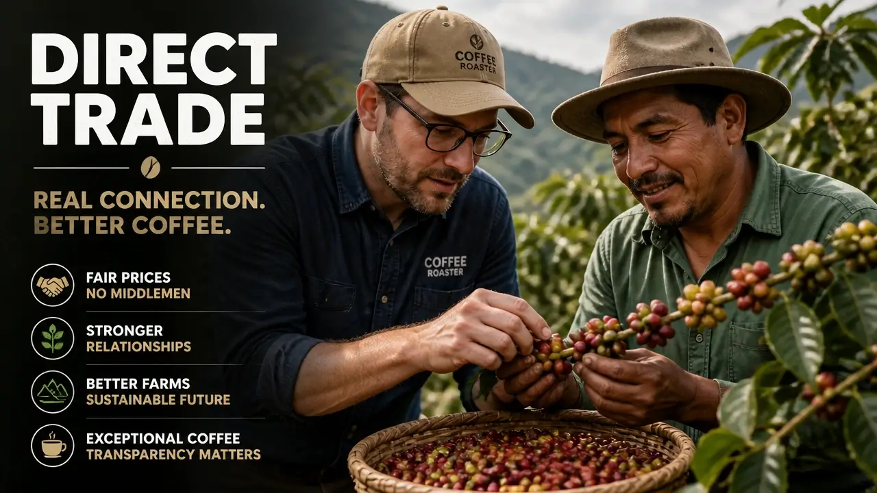 Coffee roaster and farmer inspect ripe coffee cherries together in direct trade partnership