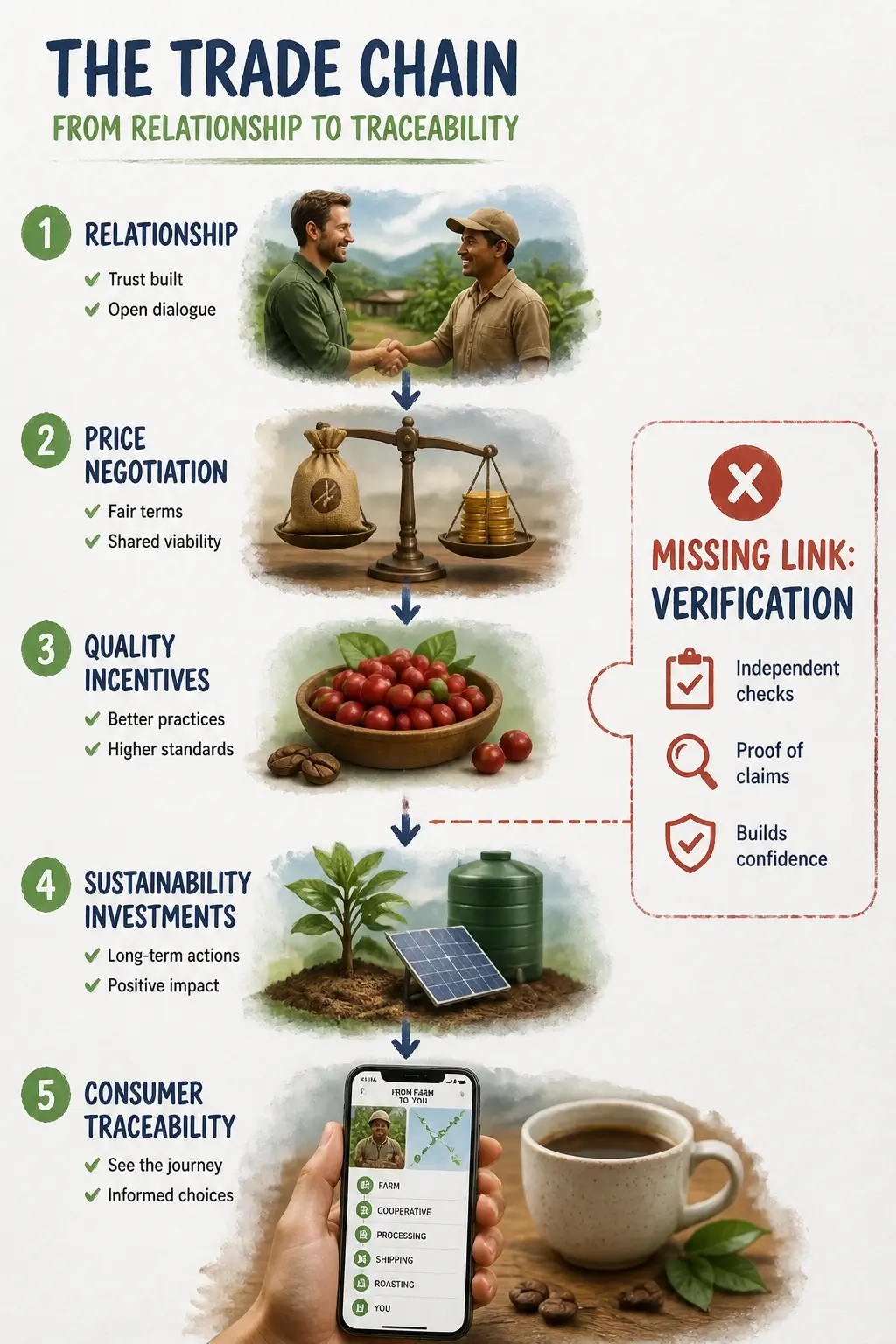 Hyper-realistic 3D watercolor infographic mapping direct trade causal chain from relationship to price negotiation to quality incentives to sustainability investments to consumer traceability highlighting missing verification link