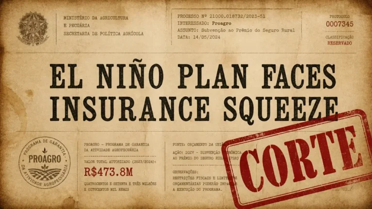 Aged document with red rubber stamp and headline 'El Niño plan faces insurance squeeze' on sepia parchment, referencing Brazil's crop insurance crisis.