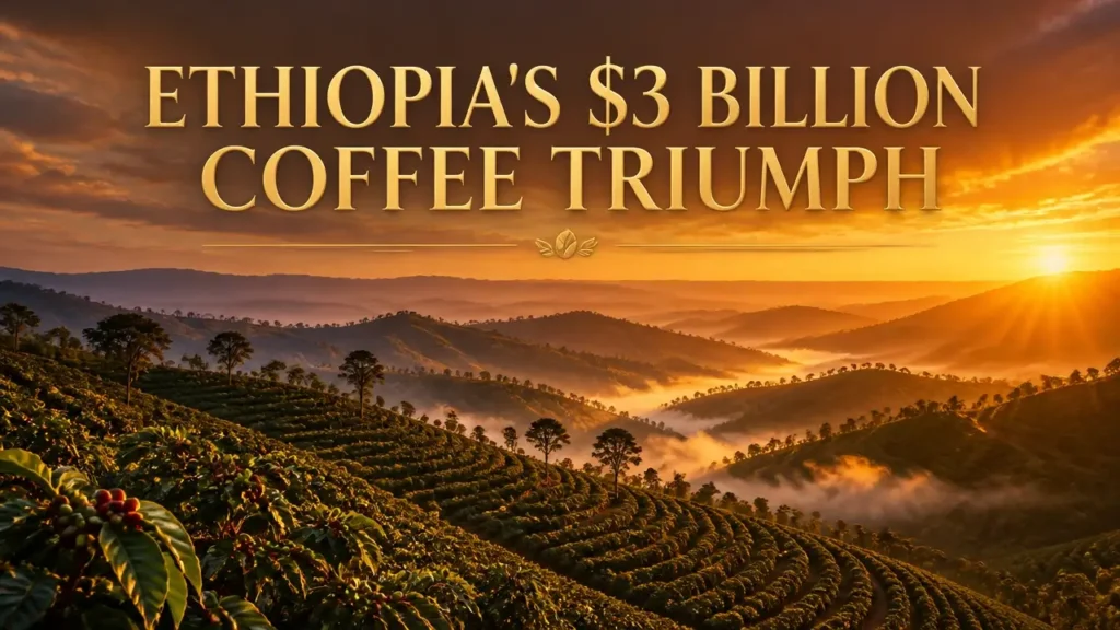 Ethiopia coffee export revenue tops $3B 10 Golden hour landscape of Ethiopian coffee highlands with typographic headline celebrating $3 billion export revenue milestone