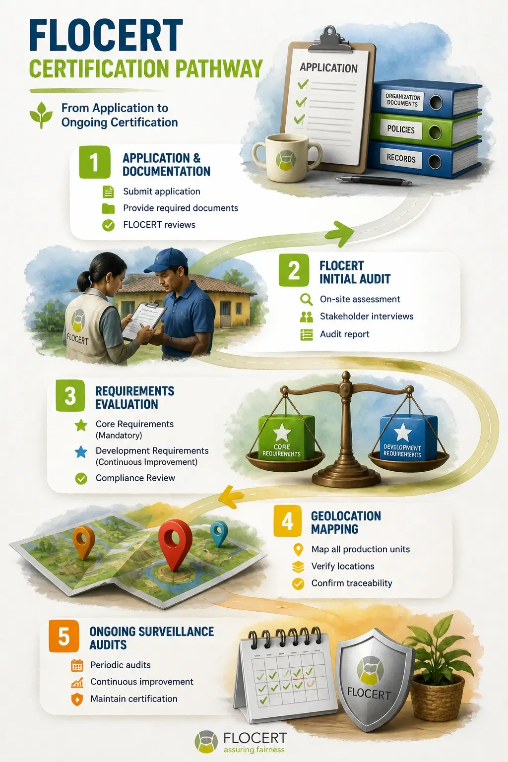 Infographic showing certification pathway from application to FLOCERT initial audit, core versus development requirements, geolocation mapping, and ongoing surveillance audits for Fair Trade coffee certification