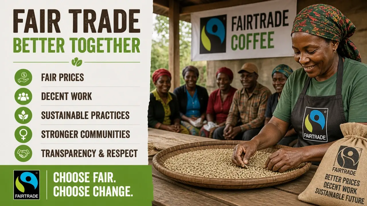 Smallholder coffee cooperative members sorting fresh beans with Fair Trade certification label visible on wall