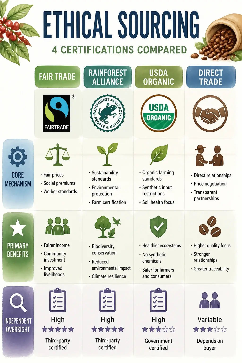 Infographic comparing Fair Trade, Rainforest Alliance, USDA Organic, and Direct Trade certifications with core mechanisms, primary benefits, and independent oversight levels in a 3D watercolor style.