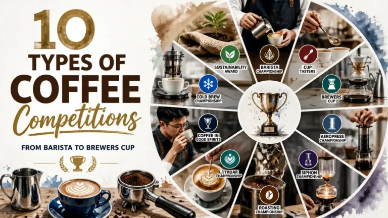 Featured image for article 10 Types of Coffee Competitions: From Barista to Brewers Cup with a modern magazine cover design
