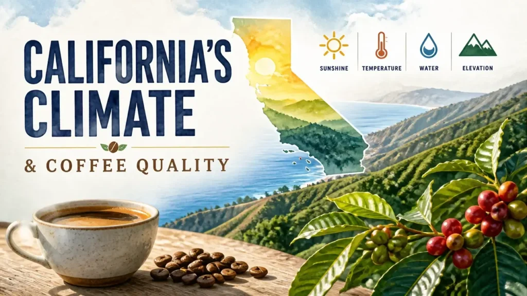 3D watercolor magazine cover showing how California's climate impacts coffee quality
