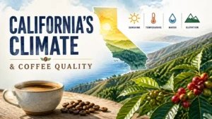 3D watercolor magazine cover showing how California's climate impacts coffee quality