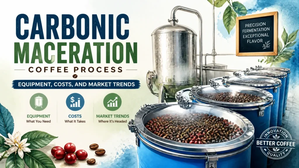 Featured image for article 'The Business of Carbonic Maceration: Equipment, Costs, and Market Trends' with hyper-realistic 3D and watercolor texture.