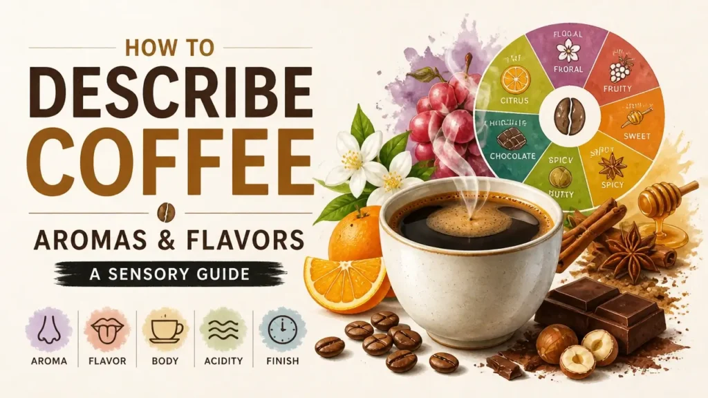 Infographic guide on how to describe coffee aromas and flavors, featuring a sensory wheel and flavor notes in a hyper-realistic watercolor style.