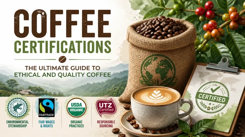 Coffee certifications and standards guide for ethical and quality specialty coffee with modern infographic layout and hyper-realistic watercolor texture