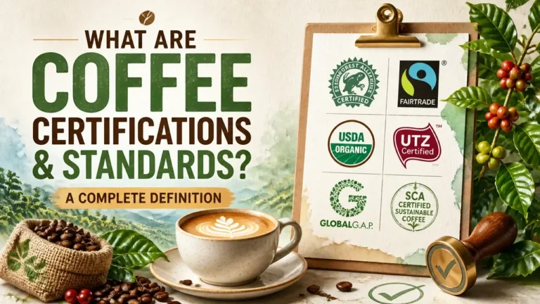 Featured image for article 'What Are Coffee Certifications and Standards? A Complete Definition' showing modern infographic on specialty coffee ethics.