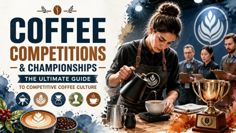 Coffee Competitions: What They Are, How They Work, and Why They Matter 4 Hyper-realistic 3D infographic of coffee competition trophies and brewing gear with watercolor texture for specialty coffee culture article
