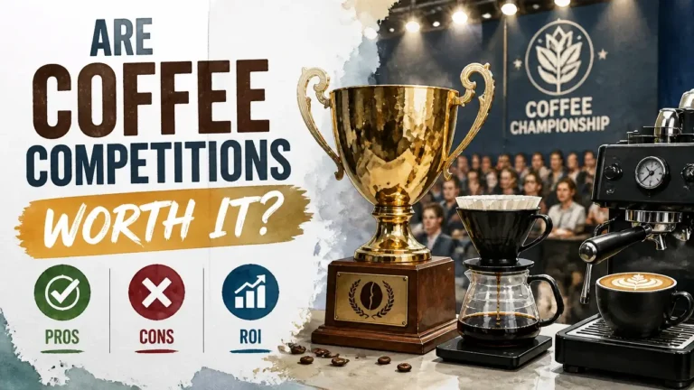 Featured image for article 'Are Coffee Competitions Worth It? Pros, Cons, and ROI' with hyper-realistic 3D watercolor infographic of coffee competition elements.