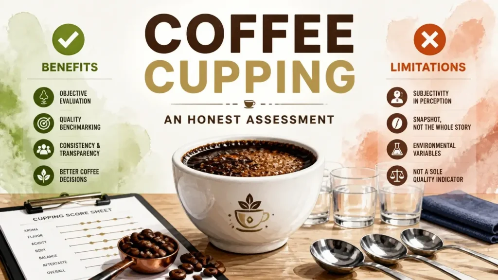 Illustration of coffee cupping benefits and limitations with a modern infographic layout, watercolor texture, and bright studio lighting for the article 'Benefits and Limitations of Coffee Cupping: An Honest Assessment'.