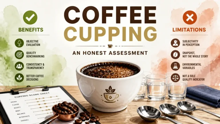 Illustration of coffee cupping benefits and limitations with a modern infographic layout, watercolor texture, and bright studio lighting for the article 'Benefits and Limitations of Coffee Cupping: An Honest Assessment'.