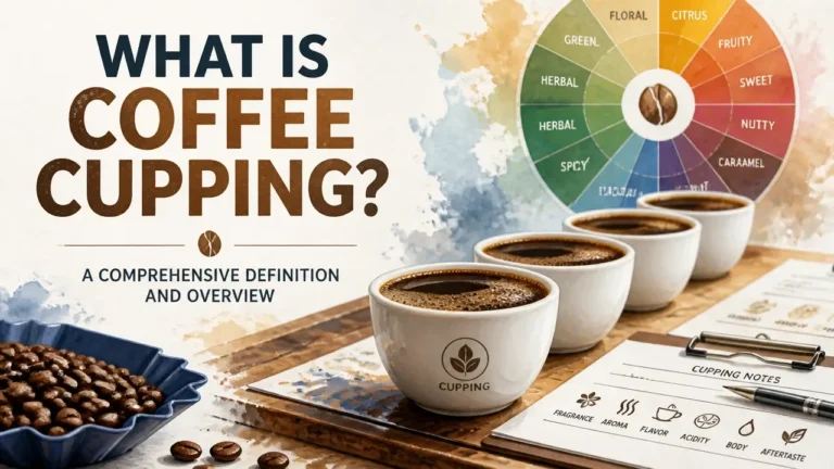 What is Coffee Cupping? A Comprehensive Definition and Overview - specialty coffee cupping process infographic with hyper-realistic 3D watercolor texture
