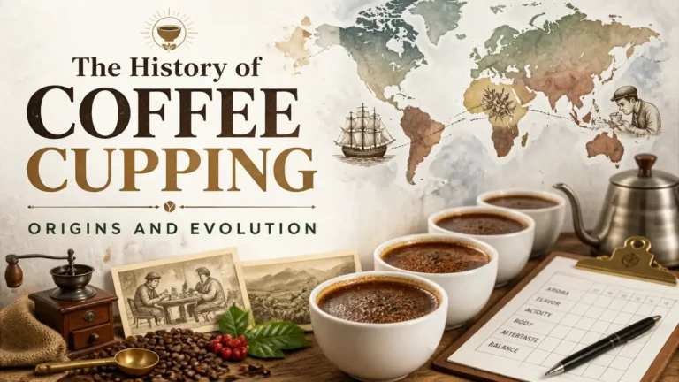 A hyper-realistic 3D watercolor infographic depicting the history of coffee cupping origins and evolution, with coffee cups and spoons on a bright studio lit table.