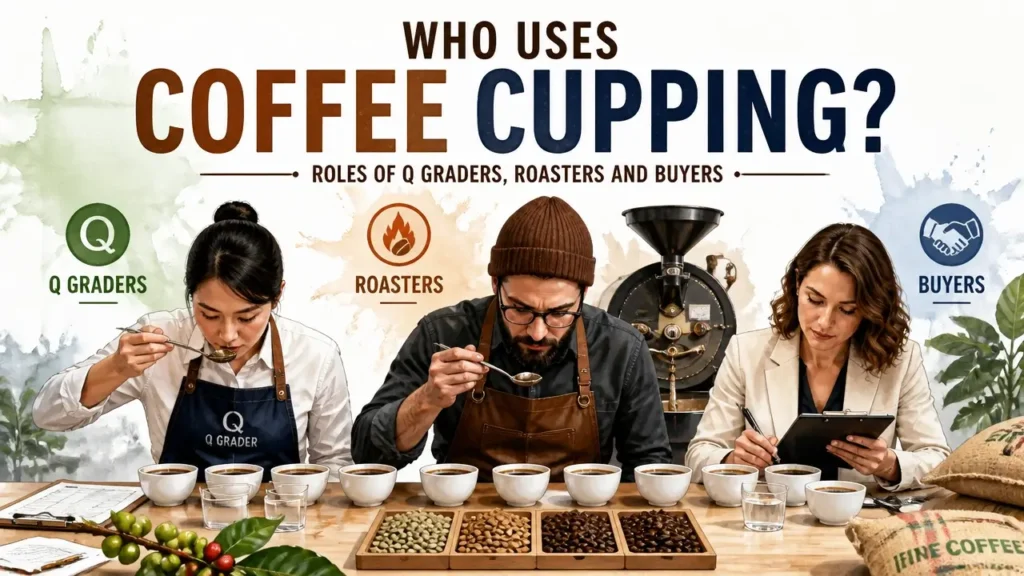 Professional coffee cupping with Q graders, roasters, and buyers evaluating specialty coffee standards