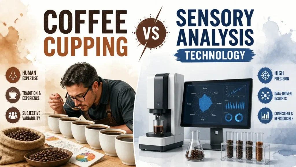 Coffee Cupping vs Sensory Analysis Technology Pros and Cons - hyper-realistic 3D infographic with watercolor texture comparing traditional cupping and modern sensor technology.