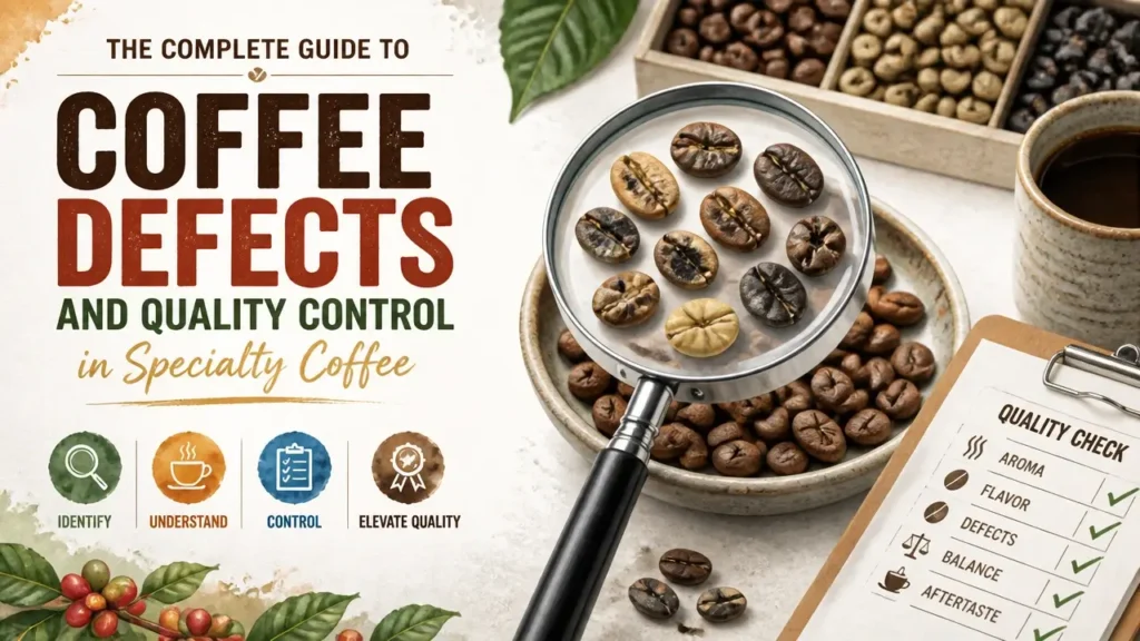Coffee Defects Quality Control: The Complete SCA Framework for Specialty Professionals 12 Hyper-realistic 3D watercolor infographic of coffee defects and quality control tools for specialty coffee, showing defective beans and grading equipment.