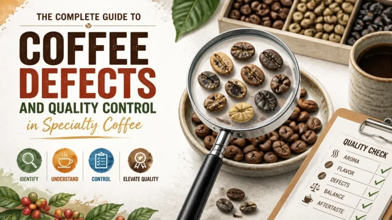 Hyper-realistic 3D watercolor infographic of coffee defects and quality control tools for specialty coffee, showing defective beans and grading equipment.