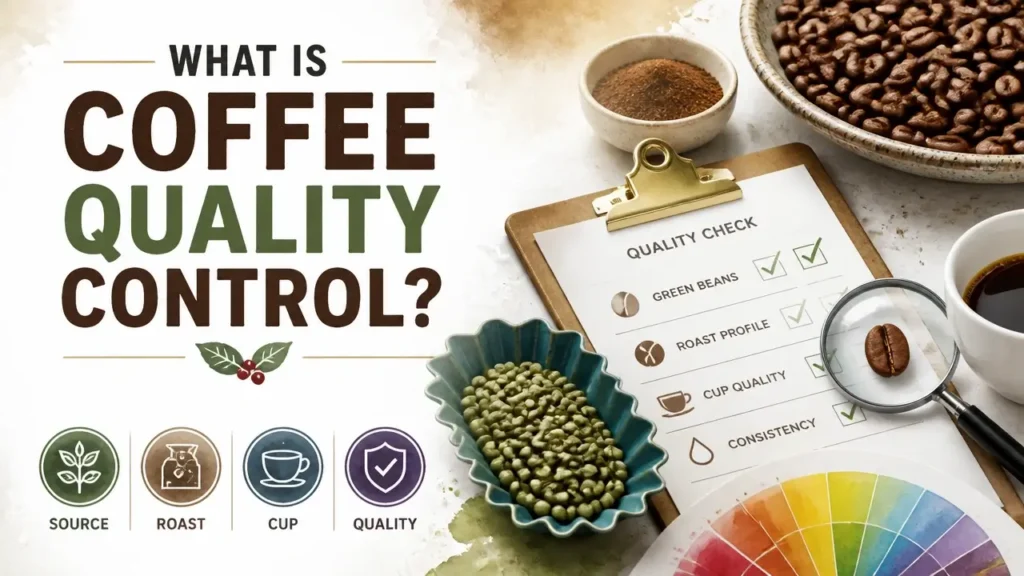 Coffee Quality Control in Specialty Coffee: The Complete Conceptual Foundation 11 What Is Coffee Quality Control in Specialty Coffee? infographic showing cupping and grading process in a hyper-realistic watercolor style