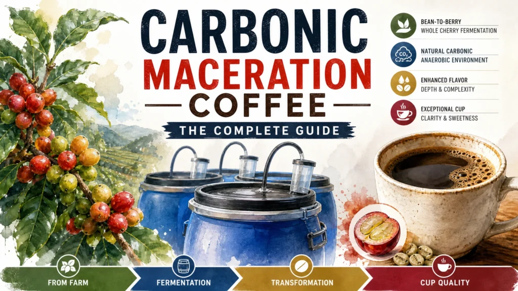 Featured image for The Complete Guide to Carbonic Maceration Coffee article showing a hyper-realistic 3D watercolor infographic with clean typography and bright lighting.