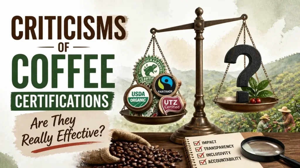 Criticisms of Coffee Certifications: Are They Really Effective? A hyper-realistic 3D magazine cover with watercolor texture and bright studio lighting.