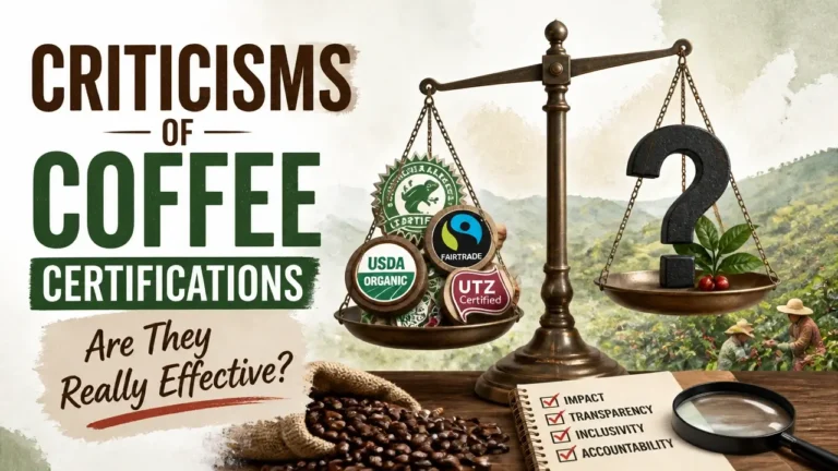 Criticisms of Coffee Certifications: Are They Really Effective? A hyper-realistic 3D magazine cover with watercolor texture and bright studio lighting.